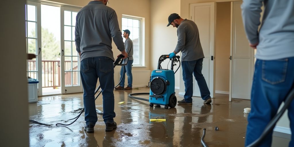 Water damage restoration team working in a flooded home.