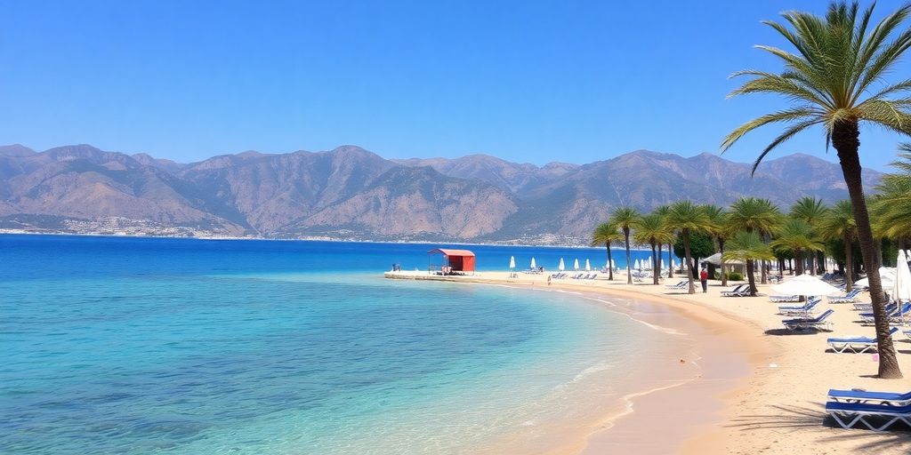 Strandblick mit Palmen und Liegen in Alanya.