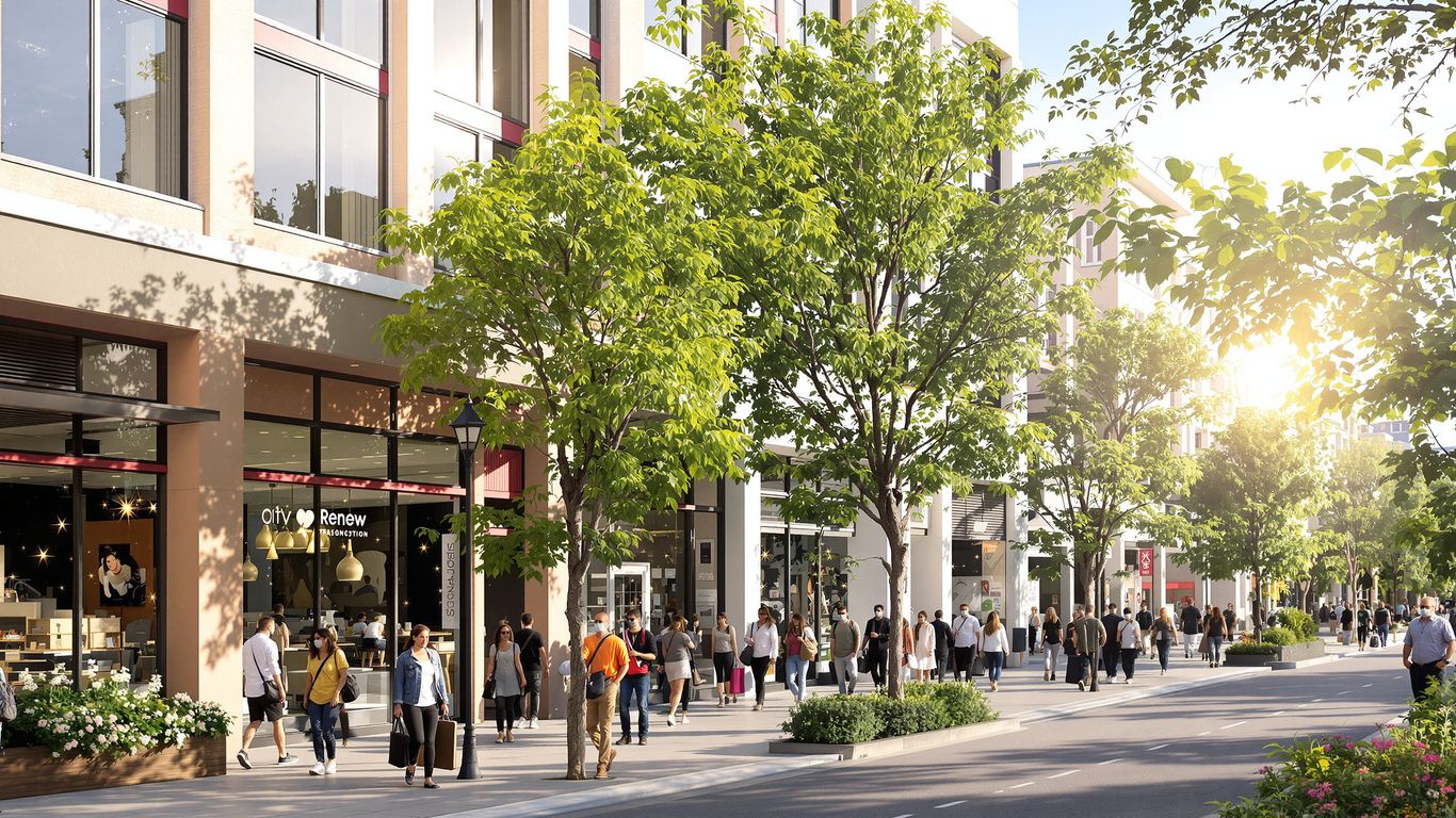 Revitalized downtown street with modern buildings and people.