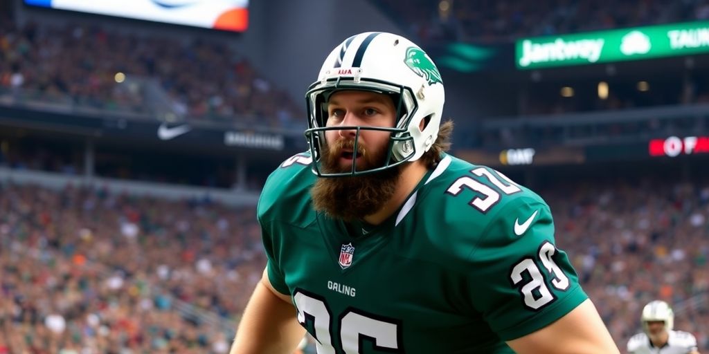 Jason Kelce playing football in a packed stadium.