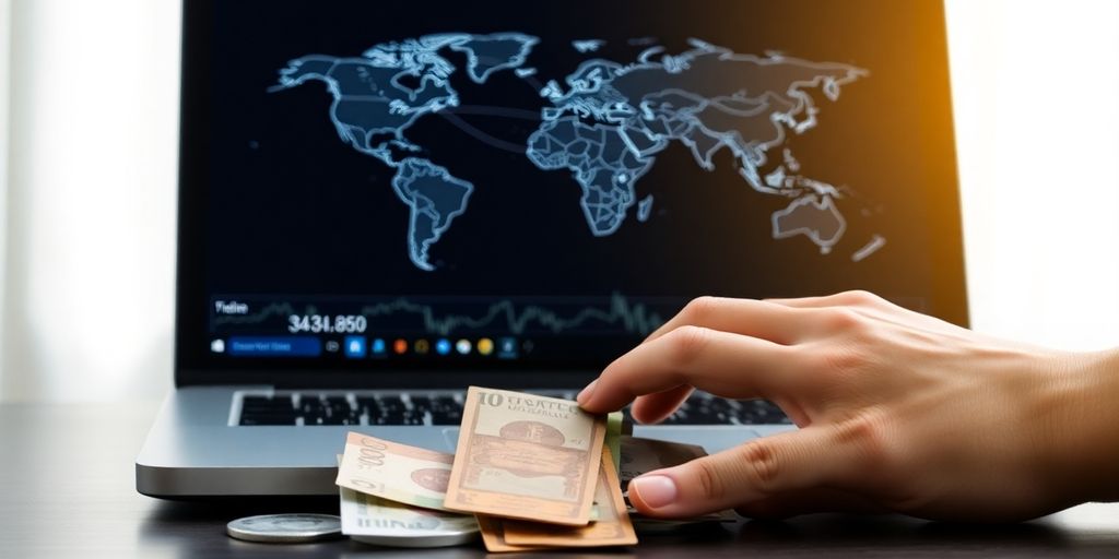 Laptop, currency, global map, trading charts, successful trader.