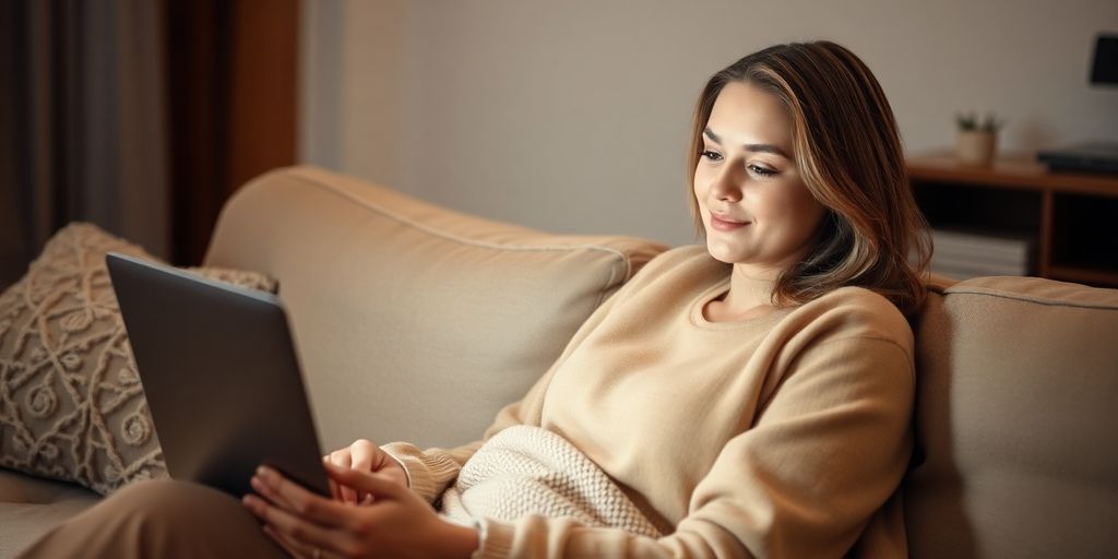 Person relaxing on couch, watching online course.