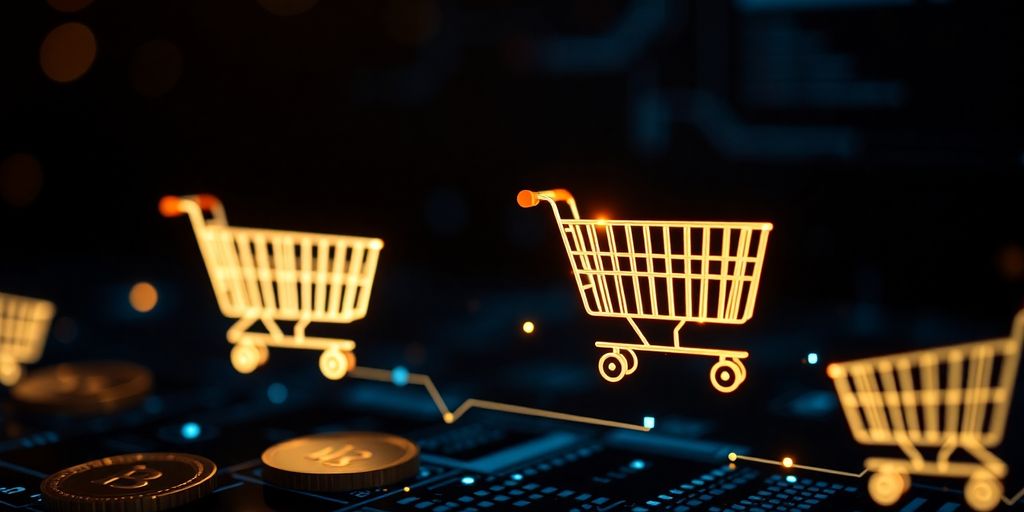 Digital currency flowing into online shopping carts.