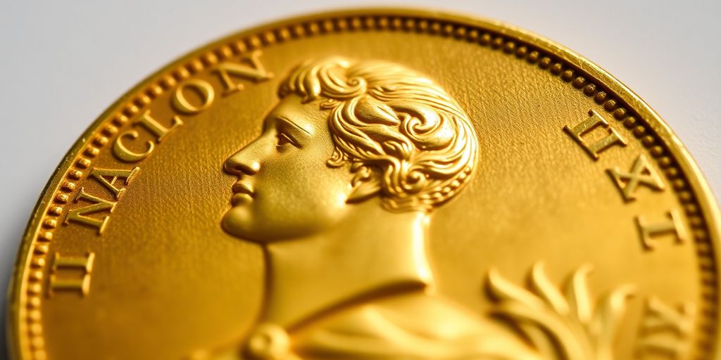 Vue rapprochée d'une pièce en or Napoléon.