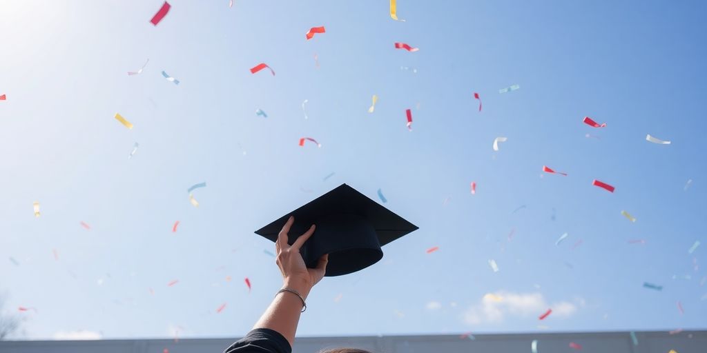 Graduation cap tossed in the air.