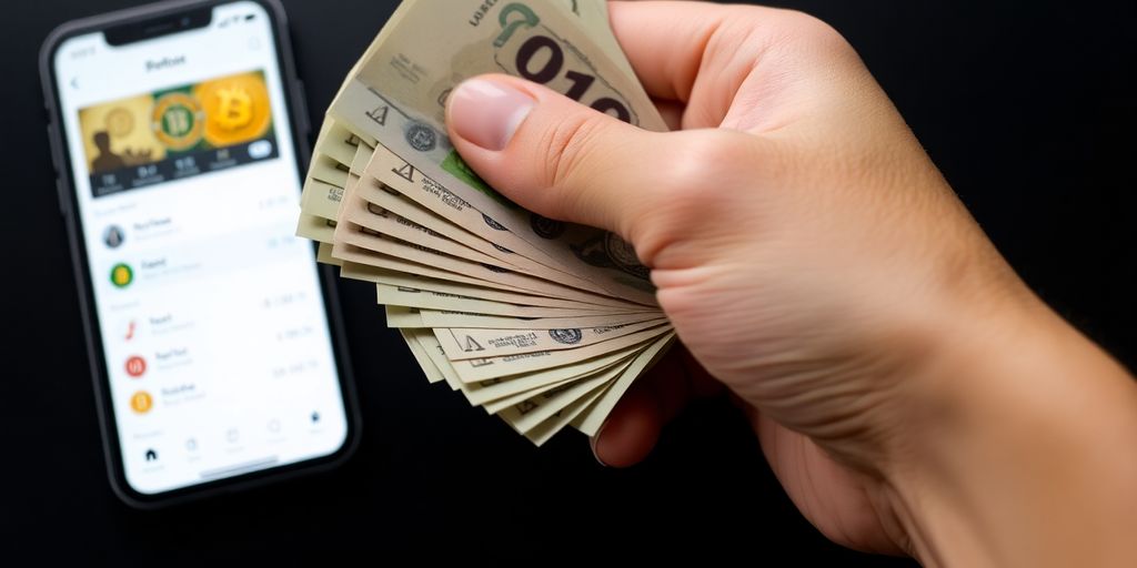 Main dans l'argent, smartphone avec cryptomonnaie en arrière-plan.