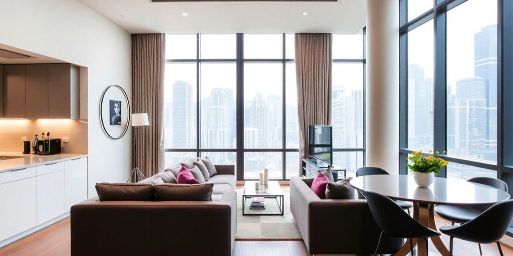 Modern serviced apartment in Wan Chai with city views.