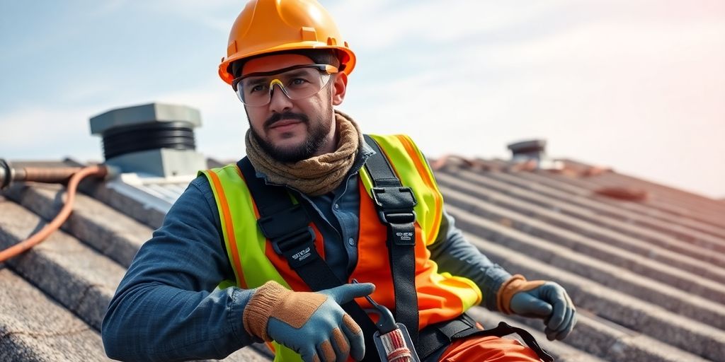 Worker in full PPE on a roof during maintenance.