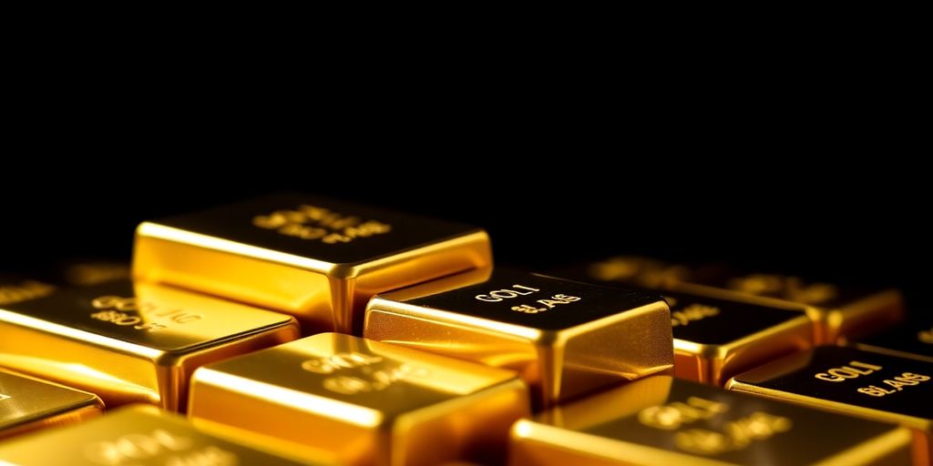 Des barres d'or empilées sur un fond sombre.