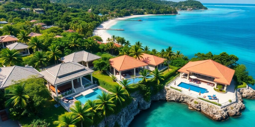 Luxurious homes in Phuket with sea and greenery.