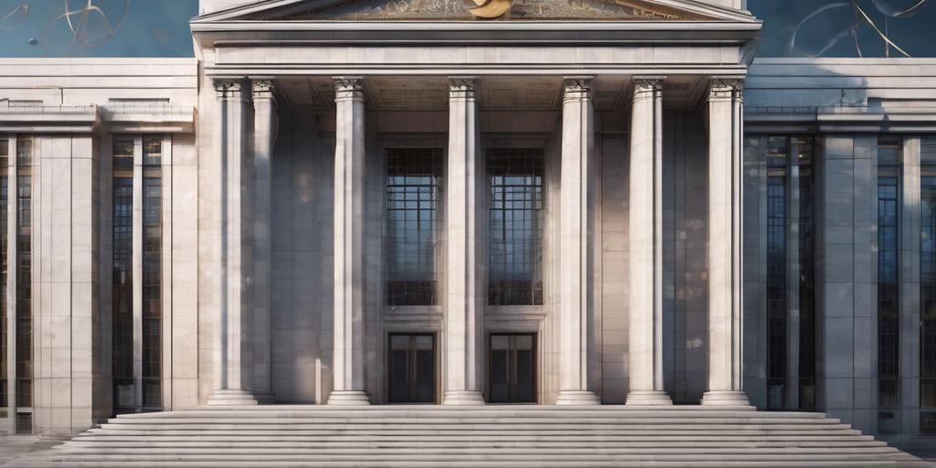 central bank building with currency symbols and global financial trends