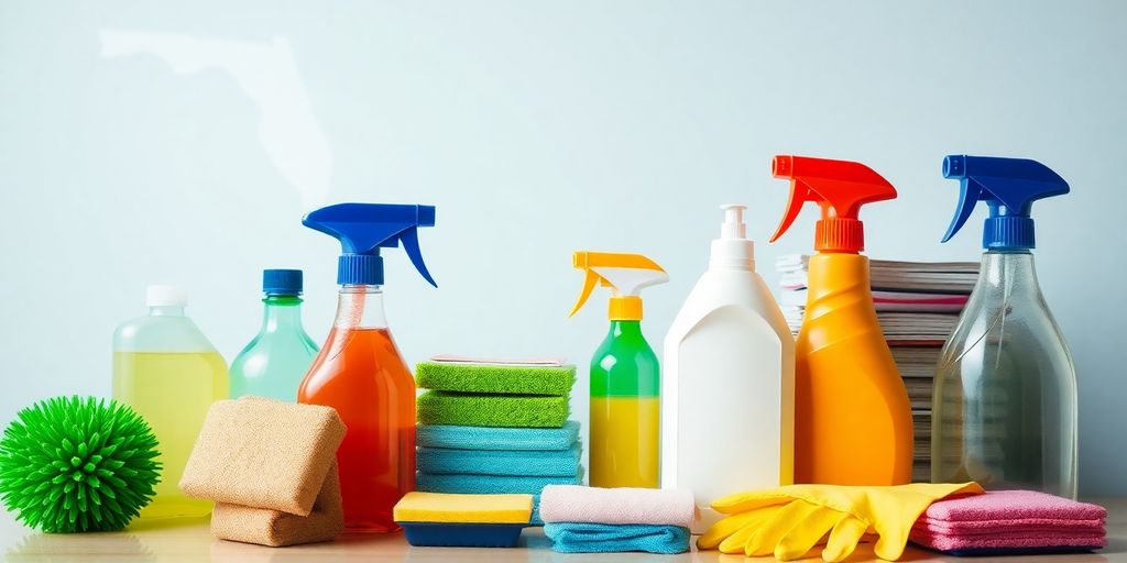 Cleaning supplies, Florida map, business documents.
