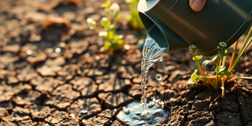 Gießkanne bewässert morgens trockenen Gartenboden