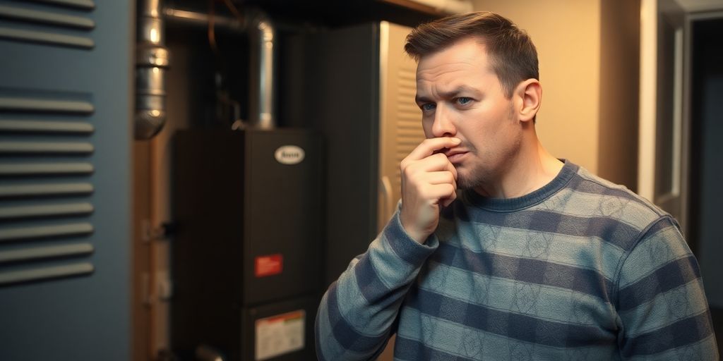 Man looking in furnace, holding nose.