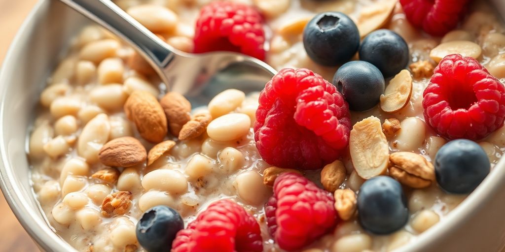 Oatmeal bowl with berries, nuts, and spoon.