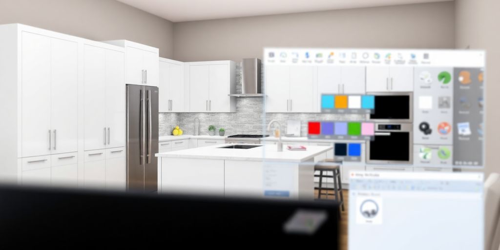 Modern kitchen rendering with design software interface