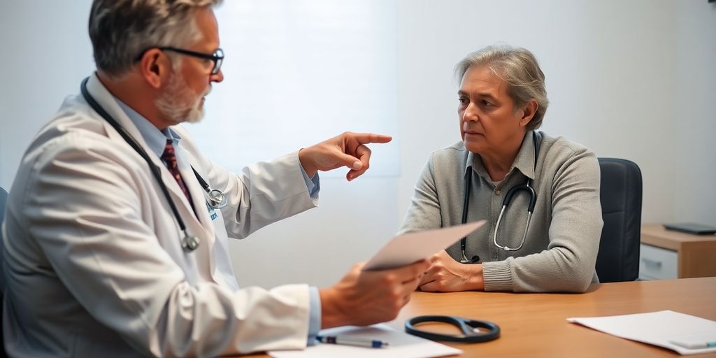 Médico e paciente revisando documentos.