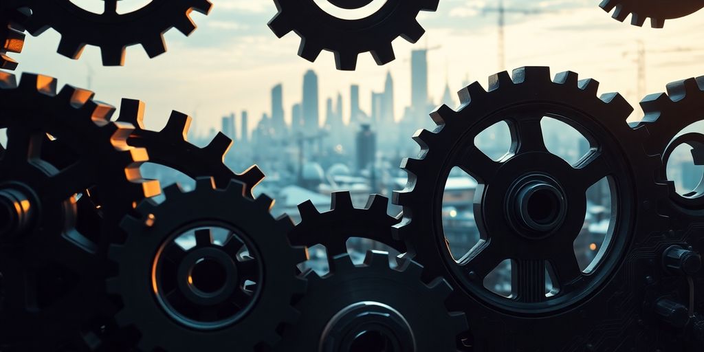 Gears turning, glowing circuits, rising city skyline.