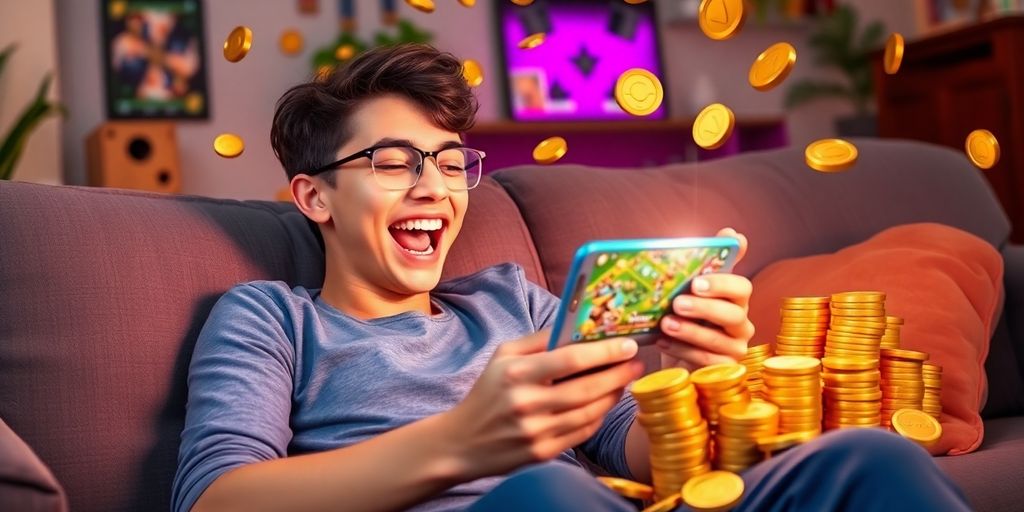 Person playing mobile games with coins around them.