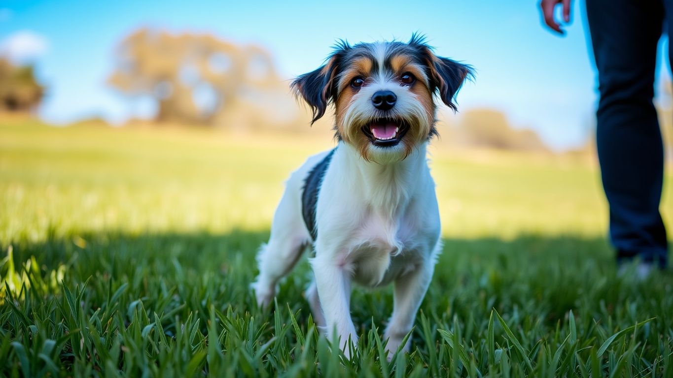 Playful Drever dog in a green field.