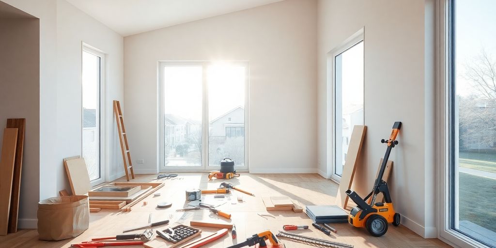 Home renovation in progress with construction workers.