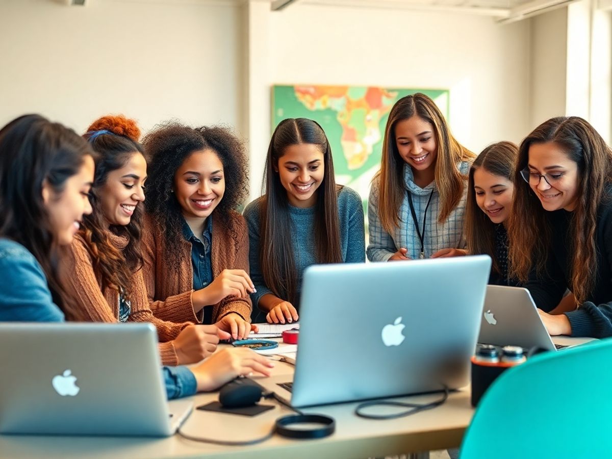 Diverse young women collaborating in a tech workshop.