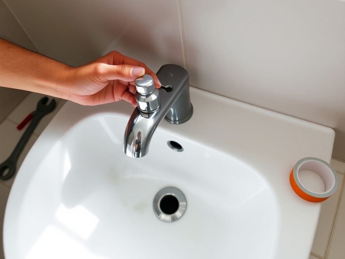 Mâini care instalează un robinet cromat într-o baie modernă luminoasă