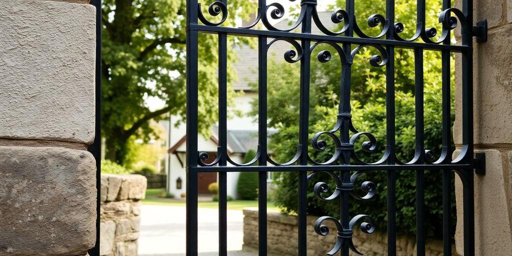 Ornate wrought iron gate, stone pillars, Cornwall historic home.