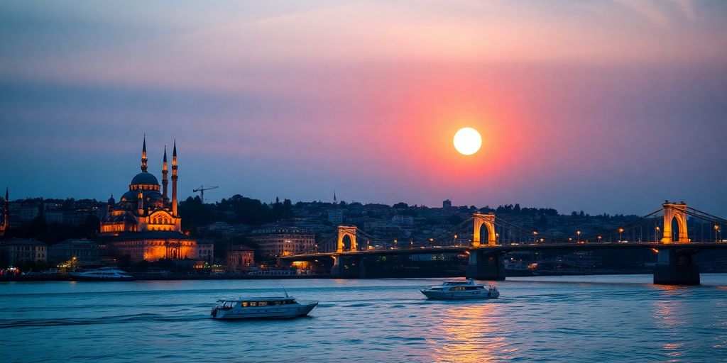Istanbul skyline with mosques and a bridge.