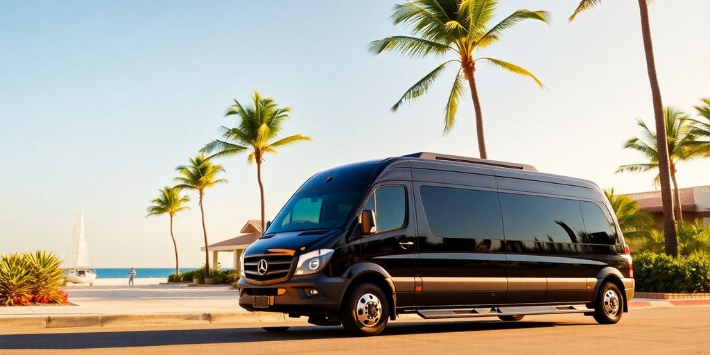 Luxury shuttle van arriving at a beach resort in Cabo.