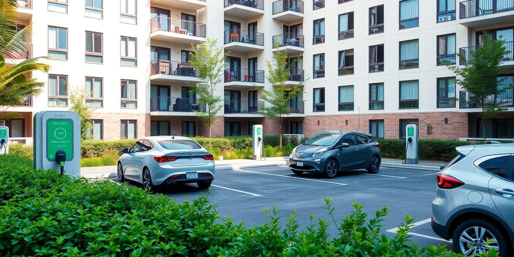Apartment complex with electric vehicle charging stations visible.