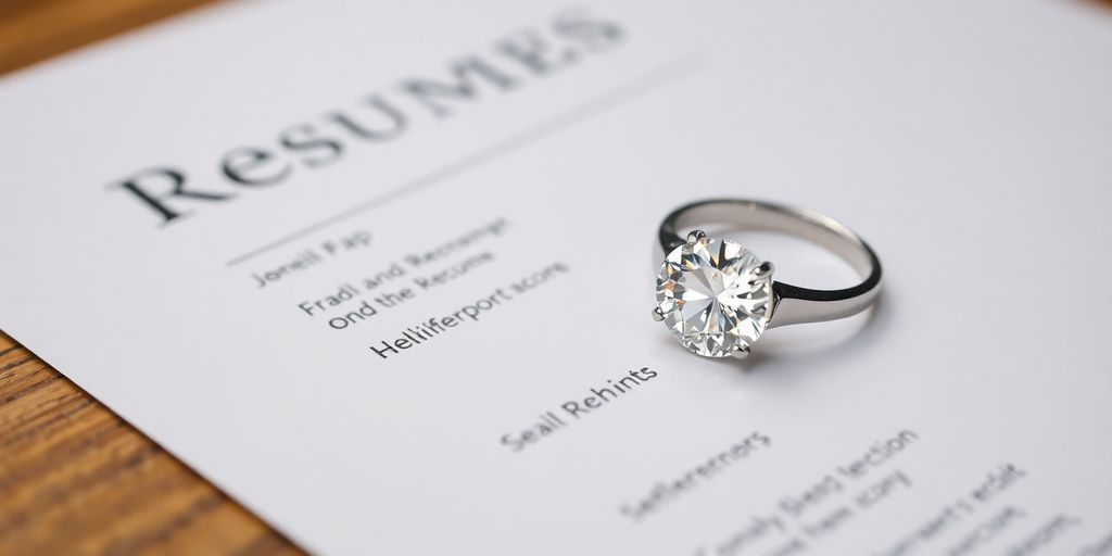 Sparkling diamond ring on a resume.
