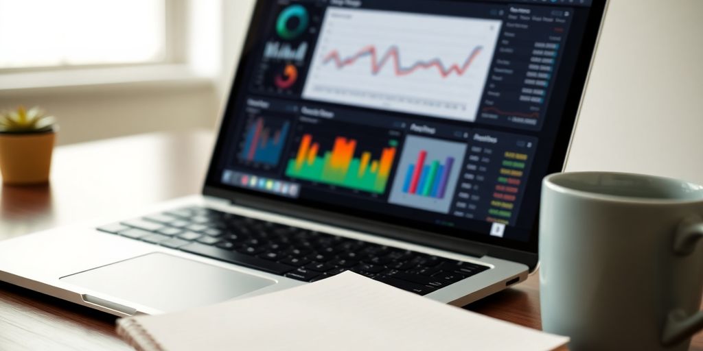 Laptop with analytics on screen and coffee cup.