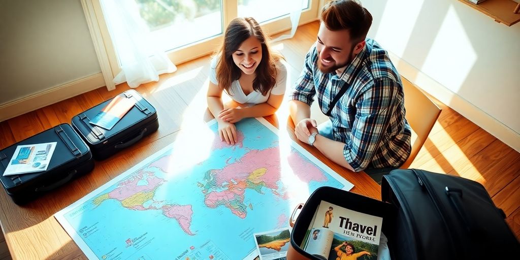 Couple planning a vacation with maps and luggage.