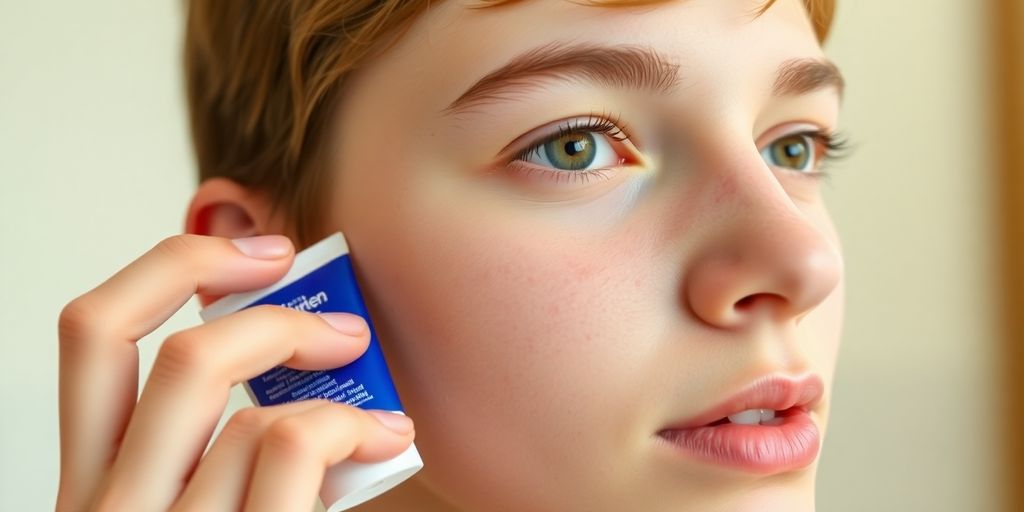 Teenager applying acne treatment in a bright bathroom.