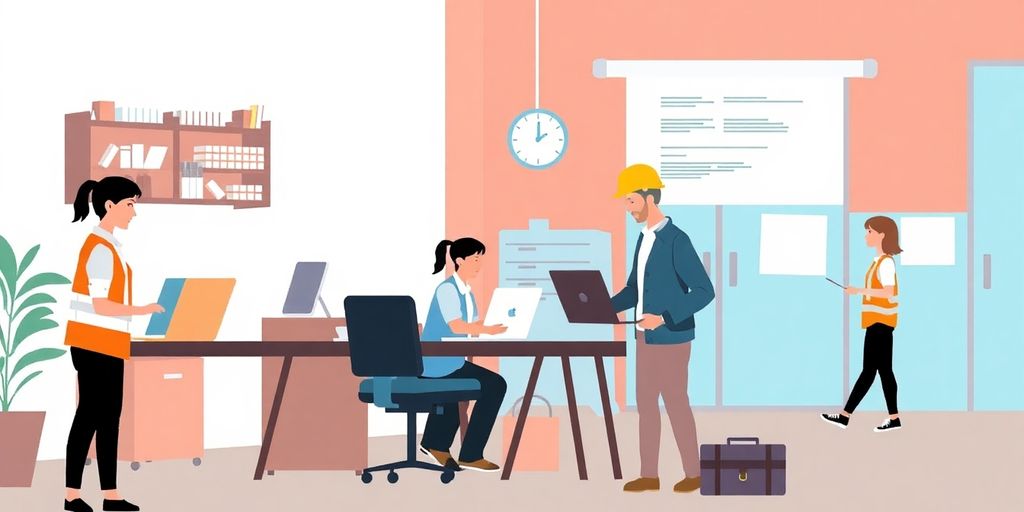 Illustrasjon av ansatte i en trygg arbeidsplass.