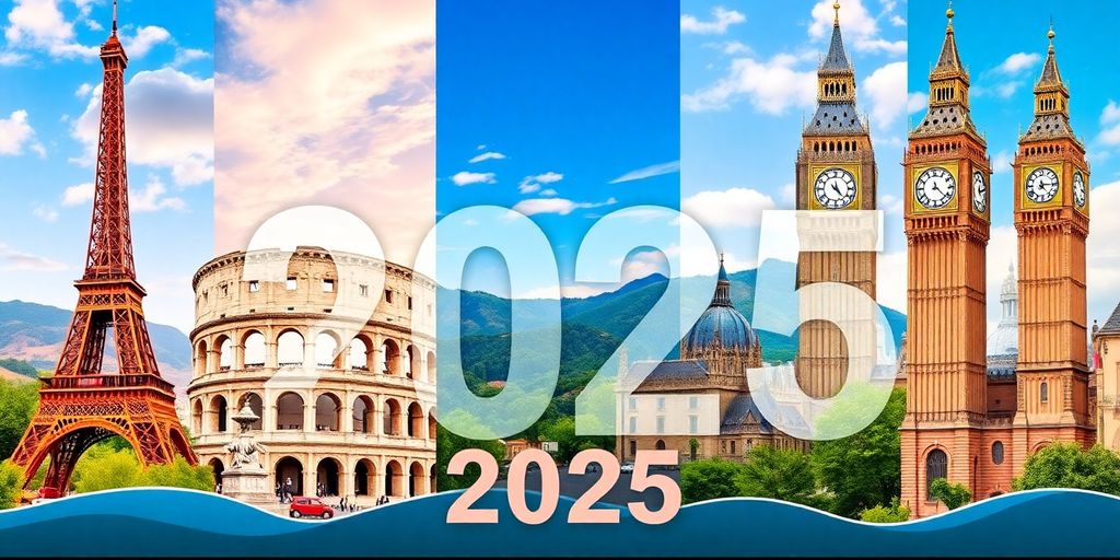 Collage of famous European landmarks and scenic views.