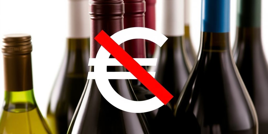 Bouteilles de vin et symbole euro barré.