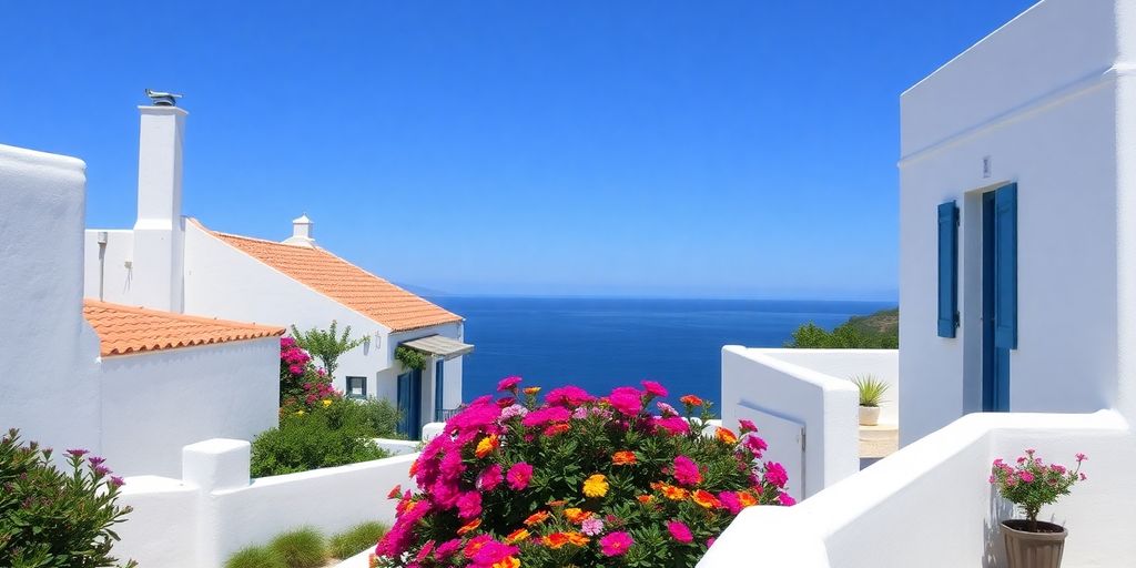 Coastal property in Portugal with white buildings and flowers.