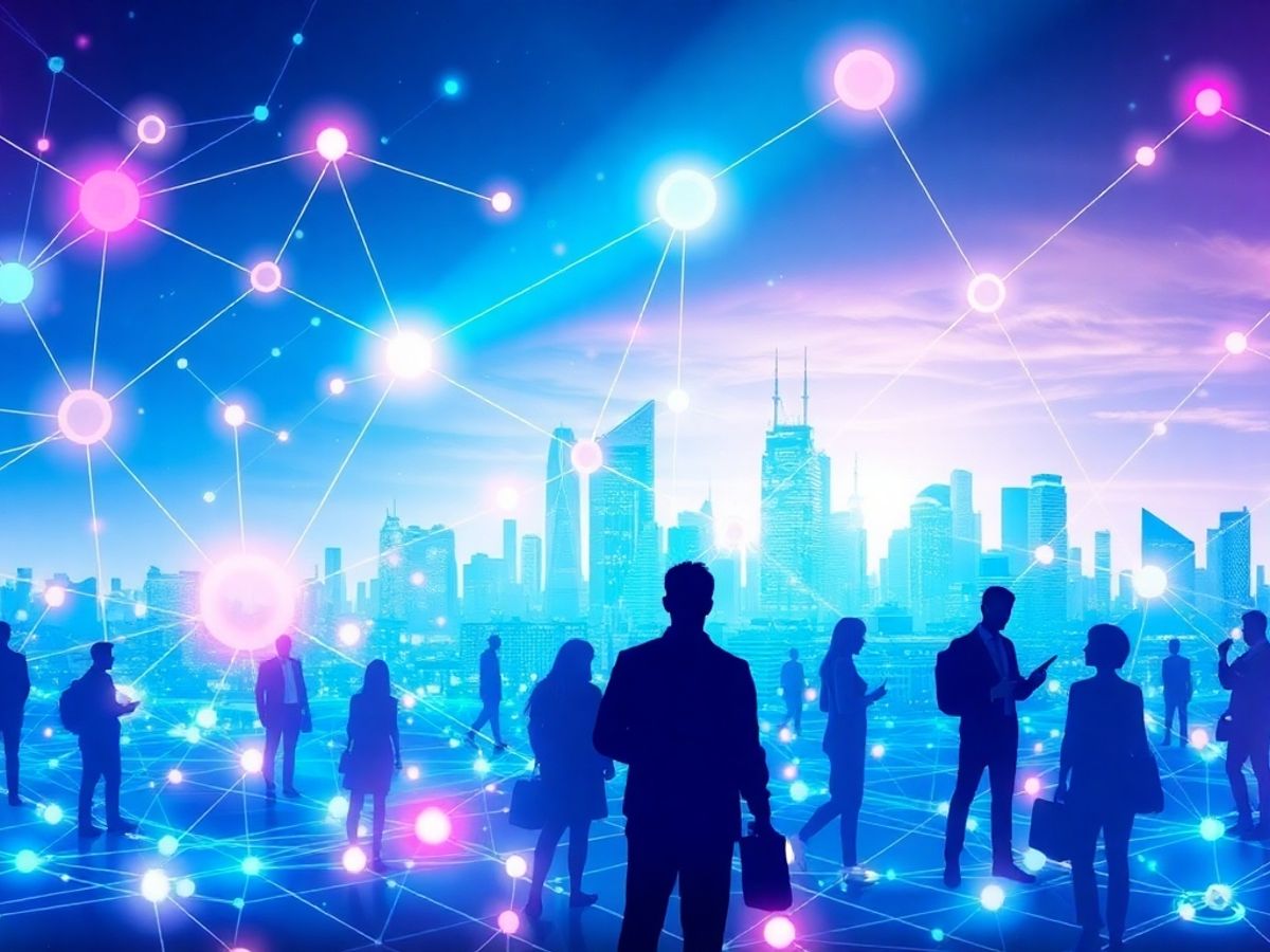 Futuristic city with interconnected digital nodes and people.