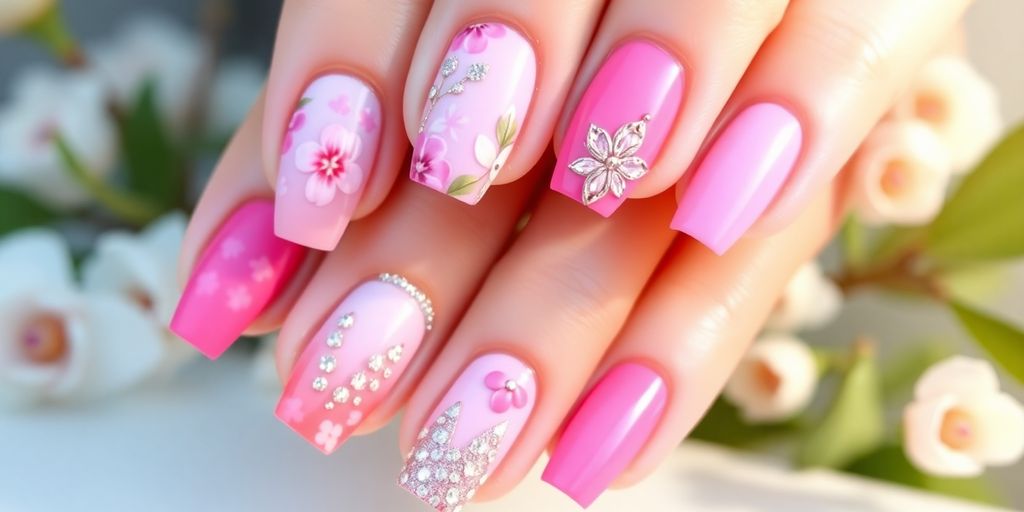 Unhas rosas decoradas com diversos padrões e brilha.