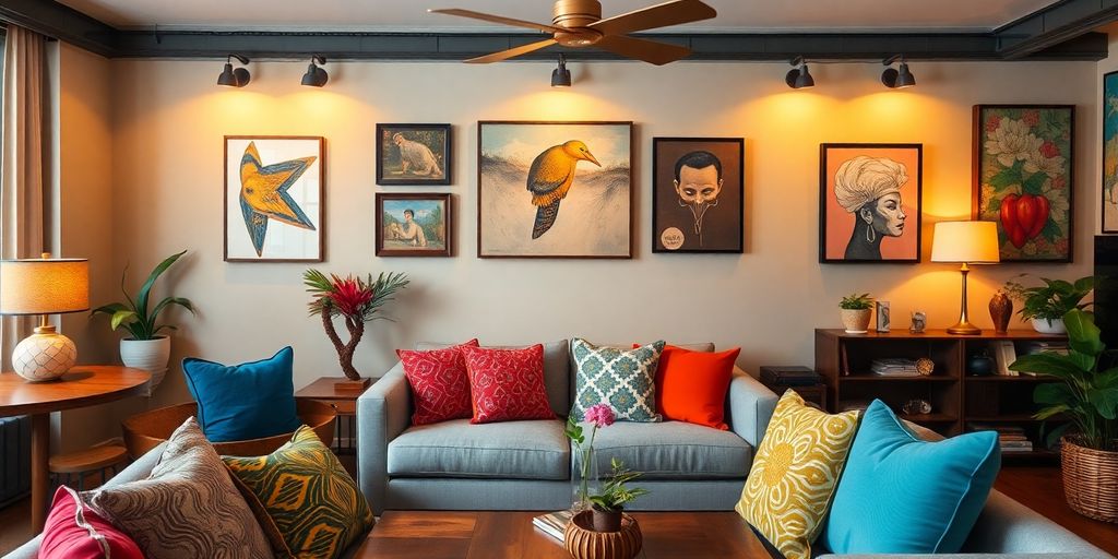 Stylish home decor with colorful cushions and unique artwork.