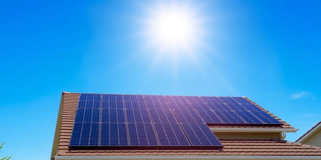 Sun shining on a home with rooftop solar panels.