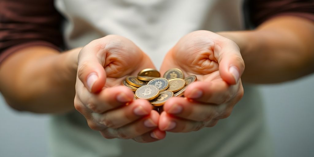 Mãos protegendo moedas digitais de ameaças