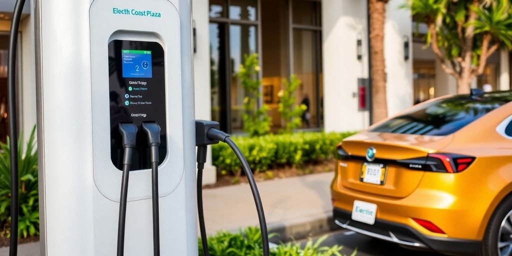 Electric vehicle charging station at South Coast Plaza, CA.