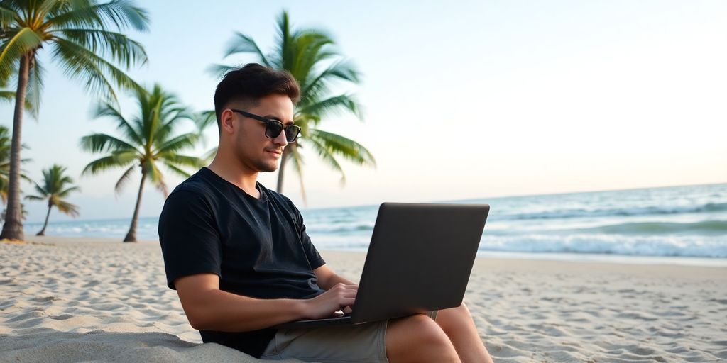 Man relaxing on a beach with a laptop.