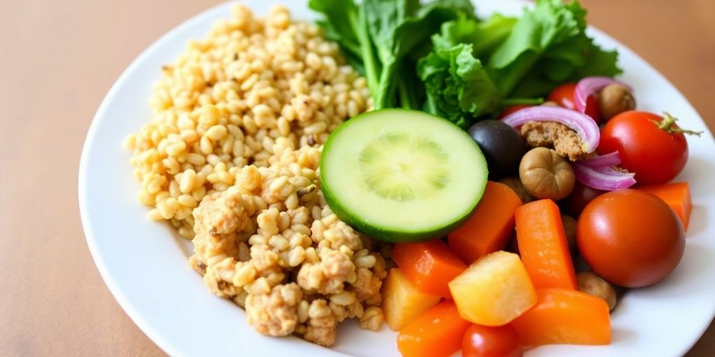 Plate of healthy foods for diabetes management.