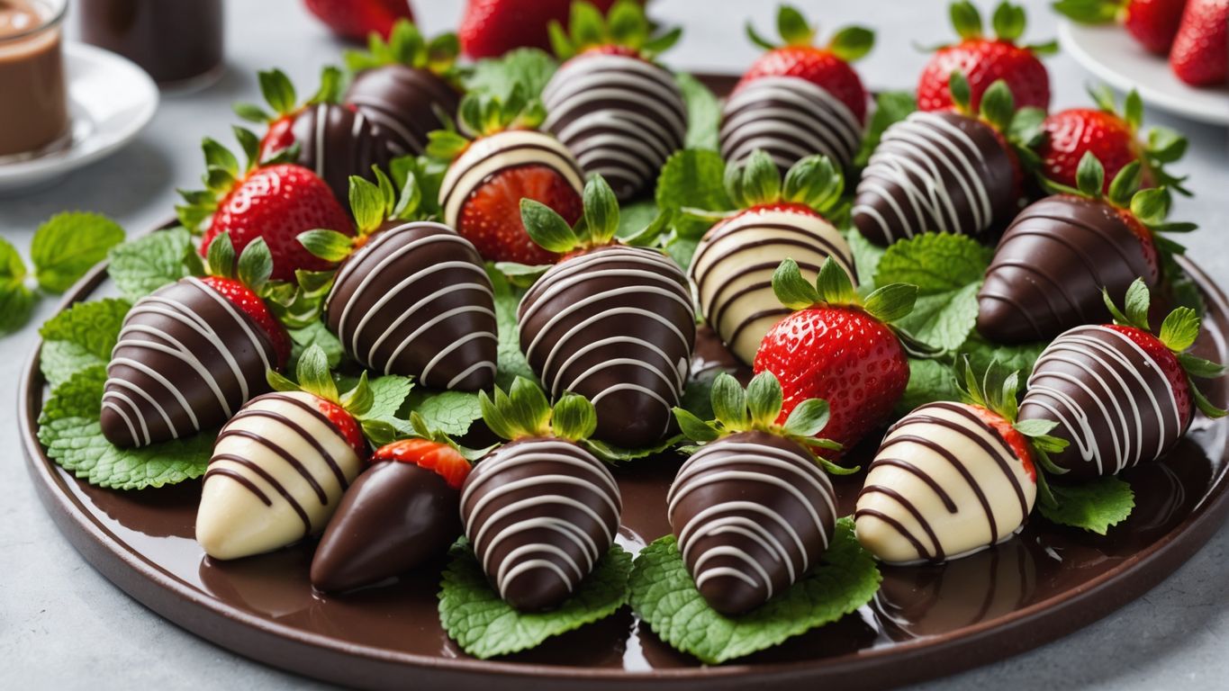 Chocolate-covered strawberries with mint leaves