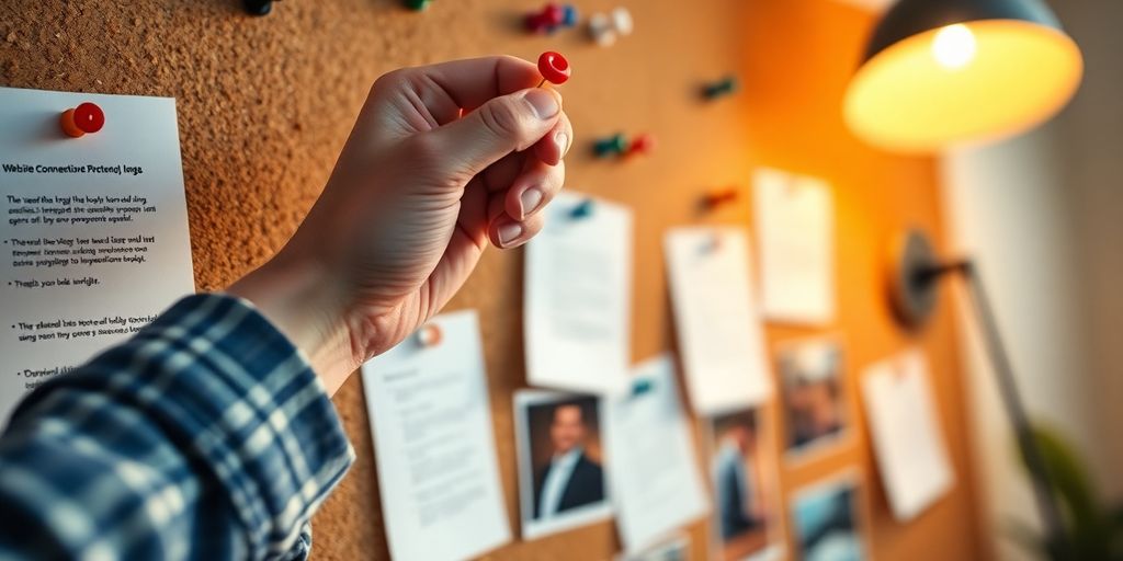 Hand placing pins on a corkboard with notes.