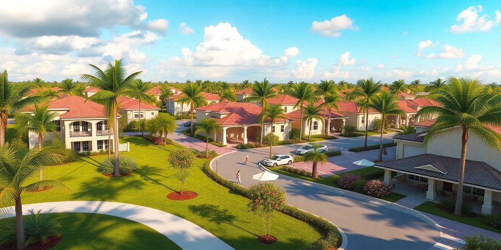 Vibrant Broward County neighborhood with new homes and palm trees.